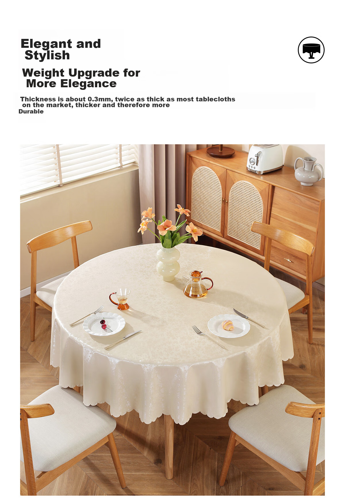Mihua Round Tablecloth, Waterproof, Oil-Proof, Heat-Resistant, Washable-Free, Circular Dining Table Cover, Coffee Table Cloth, 180*180cm, Rose Champagne Color 12