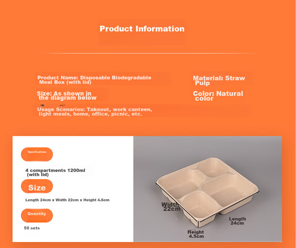 Youheyoumi Six-Compartment 1300ml*25 Sets Disposable Food Containers with Lids, Takeout Packaging, Multi-Compartment Lunch Boxes, Biodegradable Series 2