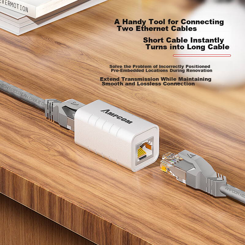AMPCOM Gigabit Crystal Head Network Cable Straight-Through Connector, CAT6 Shielded Double-Through Network Extension Connector RJ45 Computer Network Port Adapter White 1 Piece AMCAT6WH102