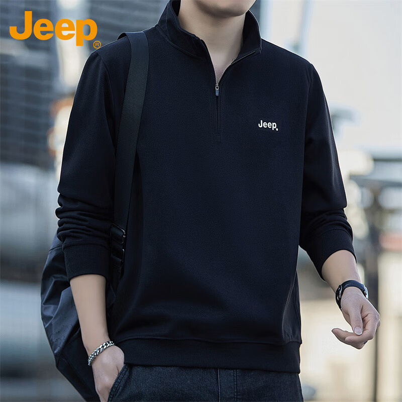 JEEP Men's Sweatshirt Spring Autumn Loose Stand Collar Long Sleeve T-Shirt Heavyweight Trendy Clothing Black L