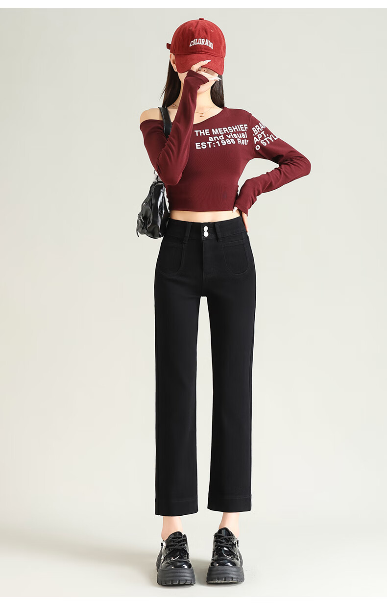 LangSha Women's Straight-Leg Jeans Spring and Autumn Thin High-Waist Slim Fit Petite Casual Wide-Leg Cigarette Pants 19
