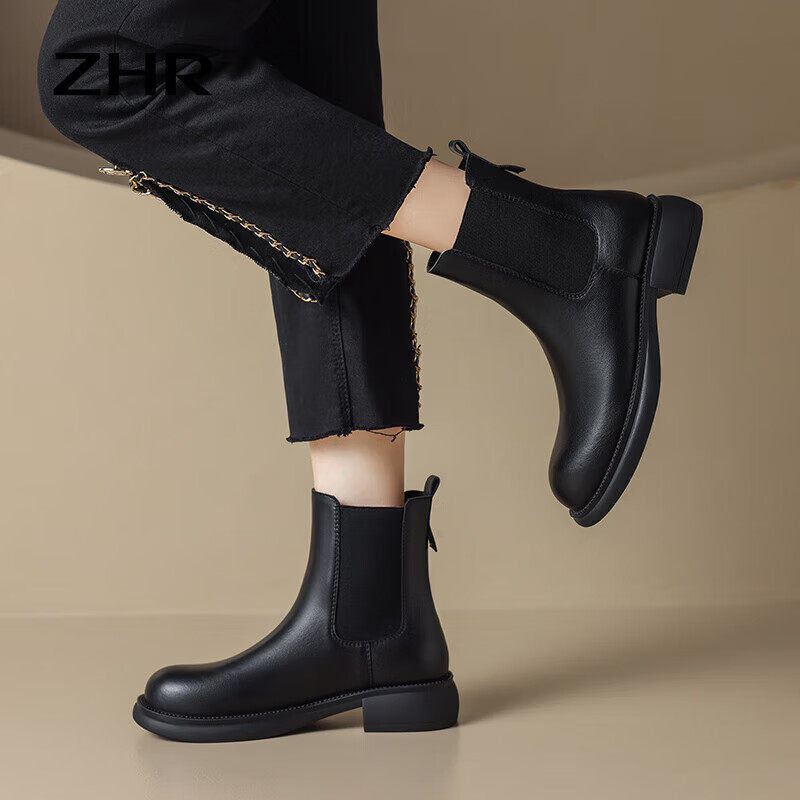 ZHR Women's Short Boots, Autumn And Winter Simple British Style Chelsea Boots, Women's Chunky Heel Fleece-Lined Boots, EH19A, Black, Size 40