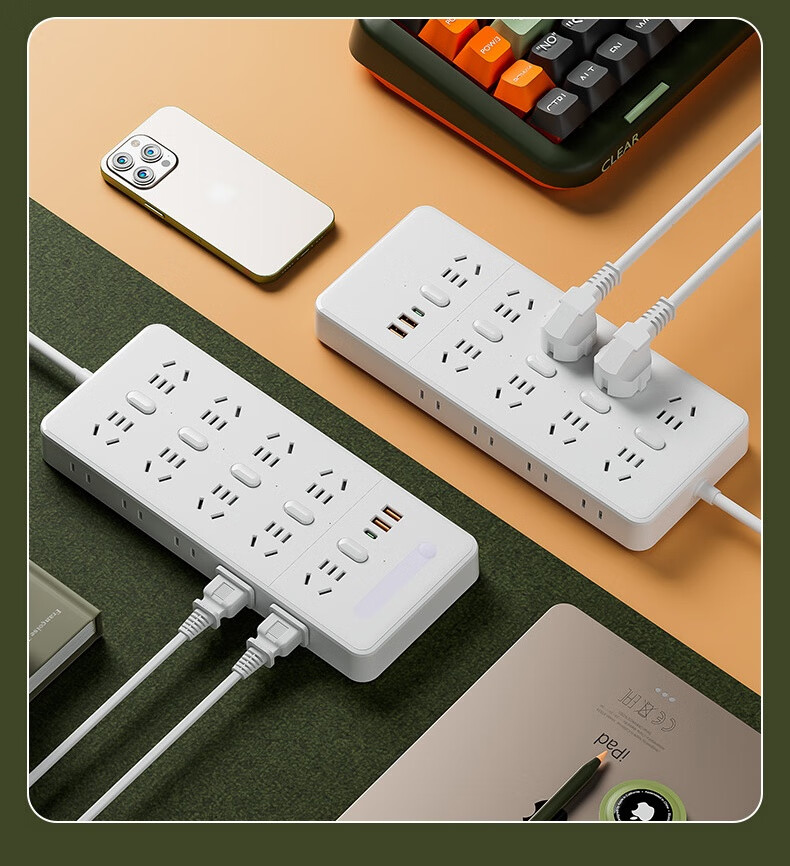 Sushiermo [Night Light + 10-Port Independent Control] Power Strip with 2 USB + Type-C - 4.8m Extra Long Extension, Multi-Device Independent Switches, Night Light and Charging Dual Function 3