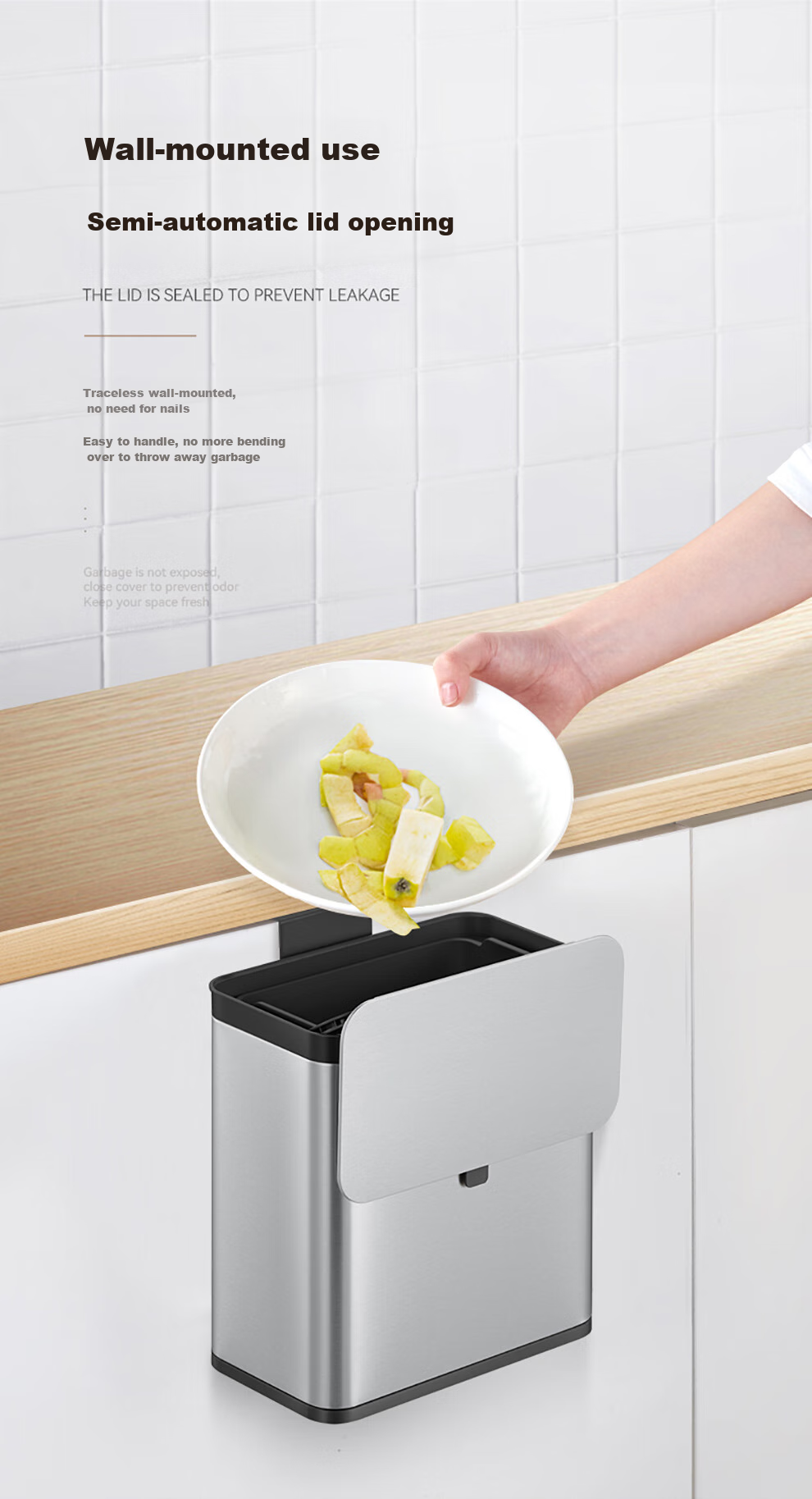 EKO Wall-Mounted Trash Can, 7L Cream White, Household with Lid, Stainless Steel, for Kitchen And Bathroom, Large Size, Recommended by Zhang Ruoyun, Model 9008 4