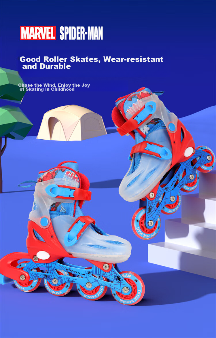 Disney Spider-Man Children's Roller Skates for Beginners, Inline Skates, Dry Ice Skates, Full Flashing Straight Row, Essential for Physical Education Class, Gift-Giving 3