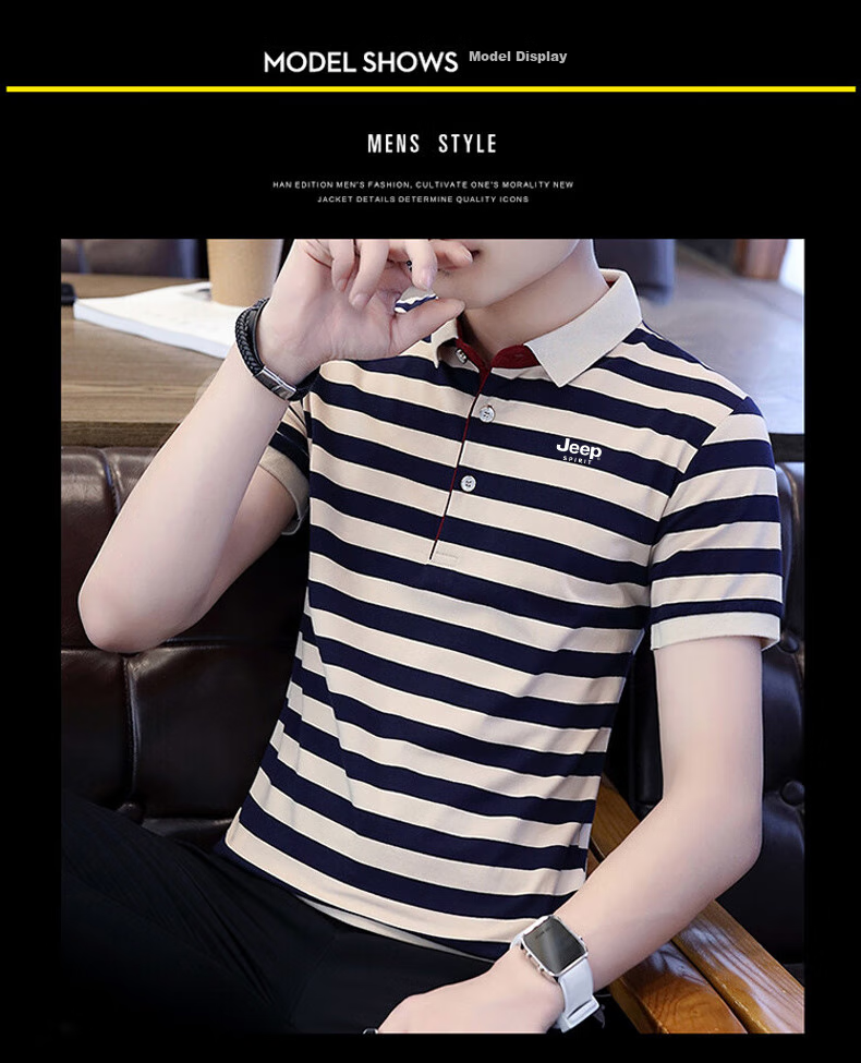 JEEP SPIRIT Men's Short-Sleeve T-Shirt, Summer Polo Shirt, Half-Sleeve Collar, Striped Business Casual Slim Fit, Blue Stripe, M 13