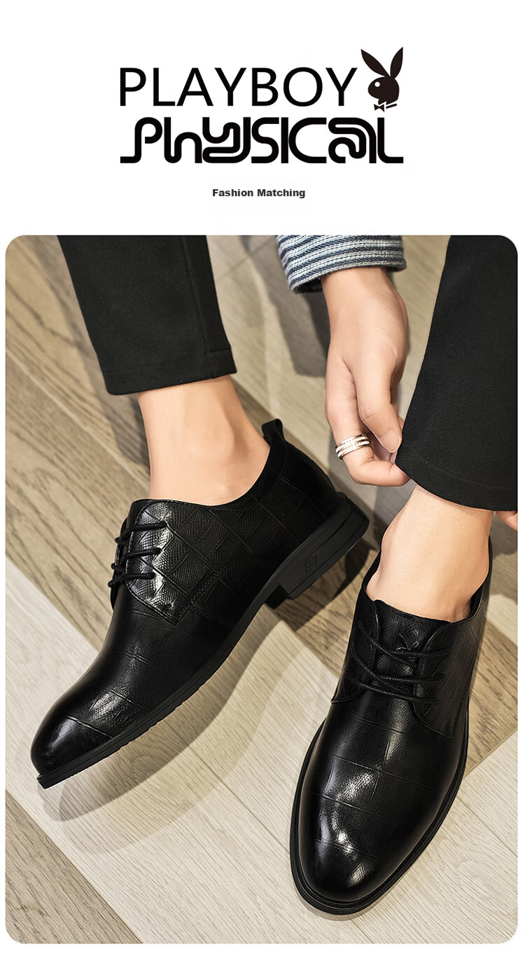 PLAYBOY Leather Shoes for Men, Spring/summer 2026 British Business Casual Shoes, Top-Grain Cowhide Formal Shoes, Black, Size 44 9