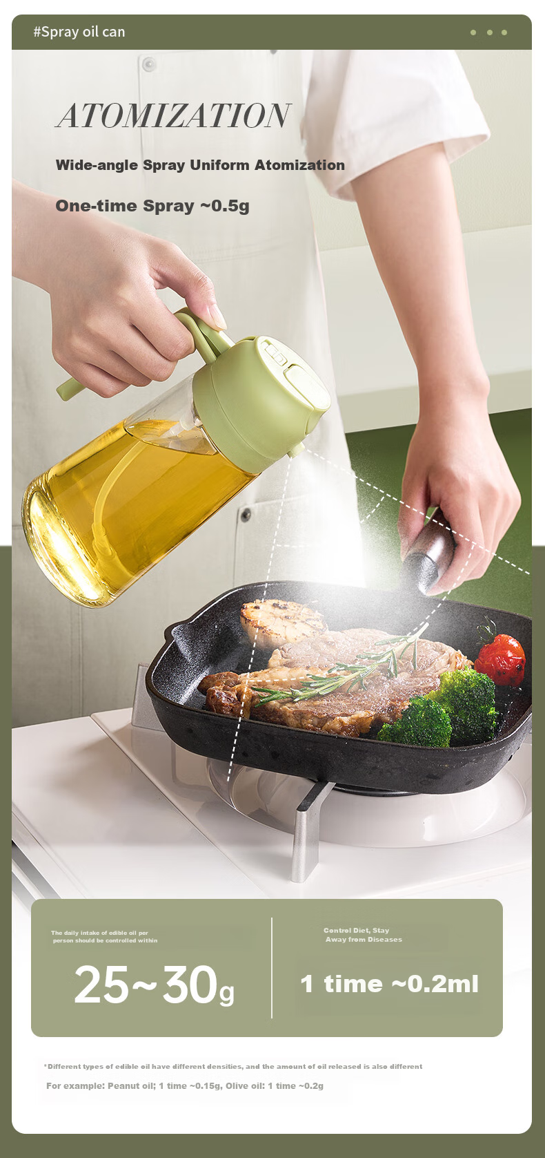 Suncha Oil Dispenser, Oil Pouring And Spraying All-In Glass Oil Bottle for Cooking Oil, Kitchen Use, Non-Drip, Olive Gree 5