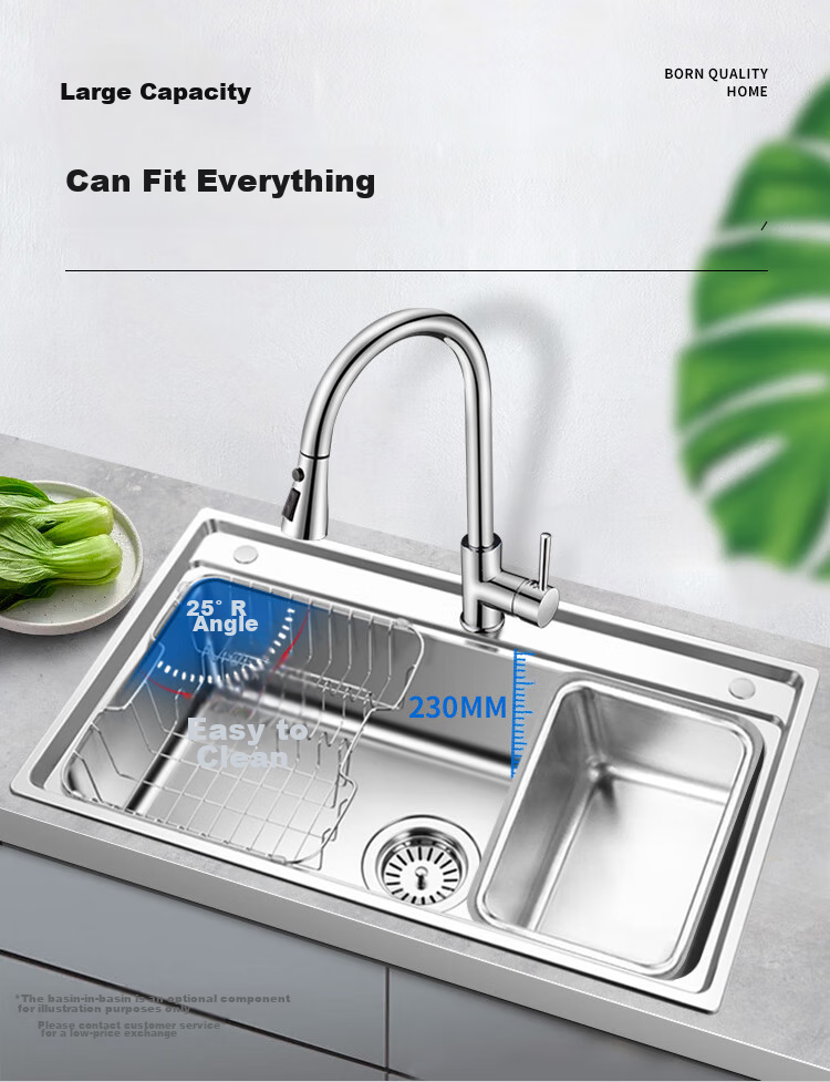OULIN Large Single Bowl Sink, Kitchen Basin, Vegetable Washing Sink, Integrated Basin, 0 Coating, 304 Stainless Steel Single Bowl 616B 3