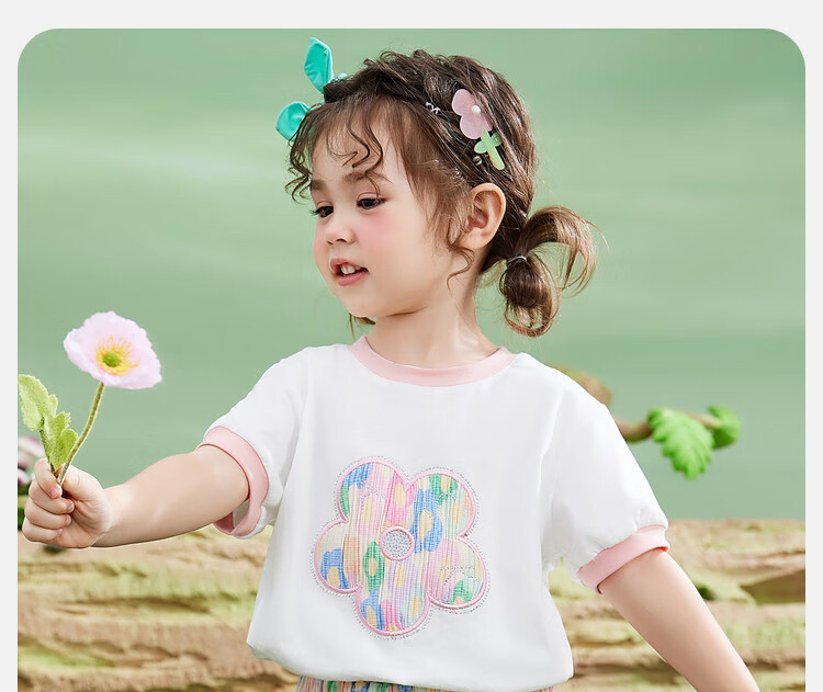 ASK JUNIOR Children's Clothing Set, Girls' Summer Outfit, Toddler Short-Sleeve Wide-Leg Pants, Sports Casual Two-Piece Set, Floral Pattern, Size 130 2