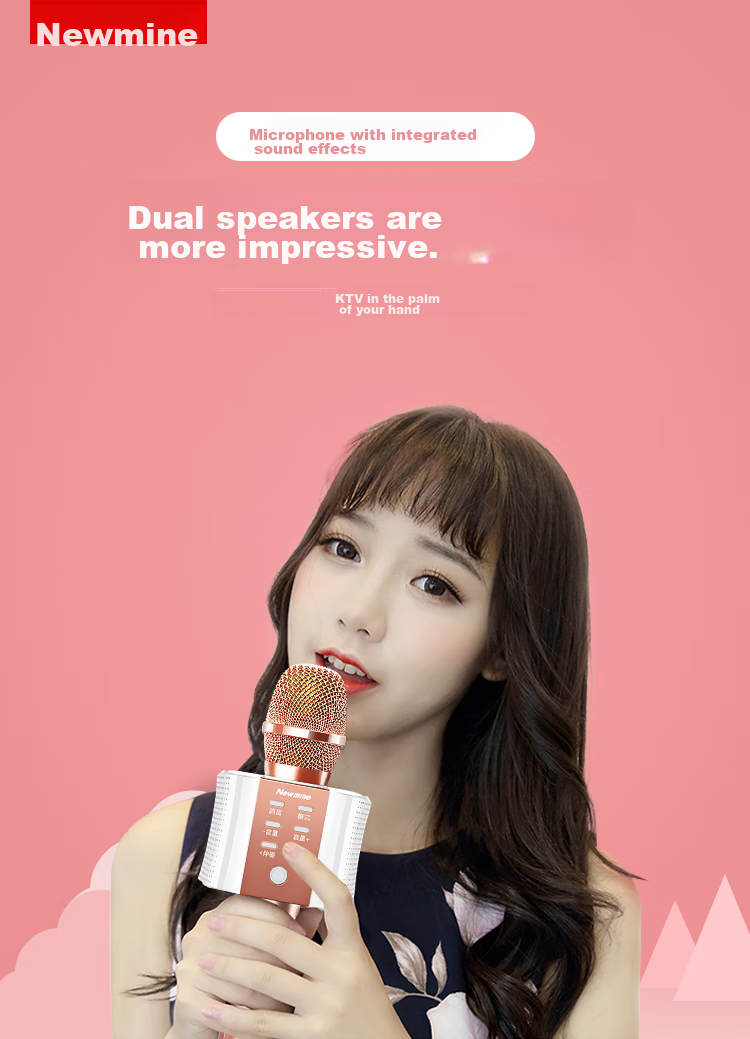 Newmine MC10 Wireless Microphone Karaoke Microphone with Built-In Sound Card, Audio Recording Mic, Little Bee Amplifier, Lectern, Bluetooth Singing Entertainment Device, Rose Gold 1