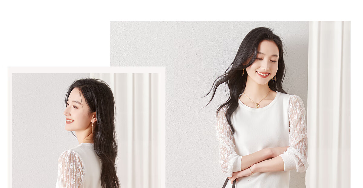 Chushen Thin Knit Sweater for Women, Fashionable Round Neck Elegant Lace Long-Sleeve Base Shirt Top S141Z3740 12