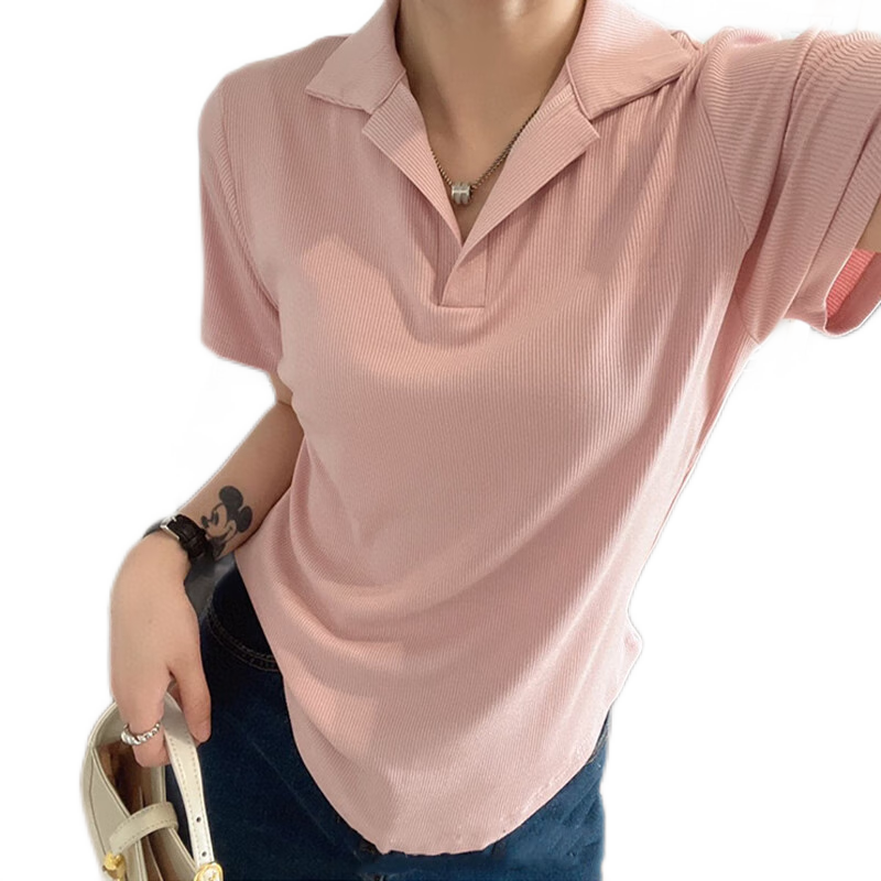 LangSha Polo Collar Short-Sleeve T-Shirt for Women, Summer Pure Desire Style, Pink Half-Sleeve Top, Short And Slim-Fit Undershirt