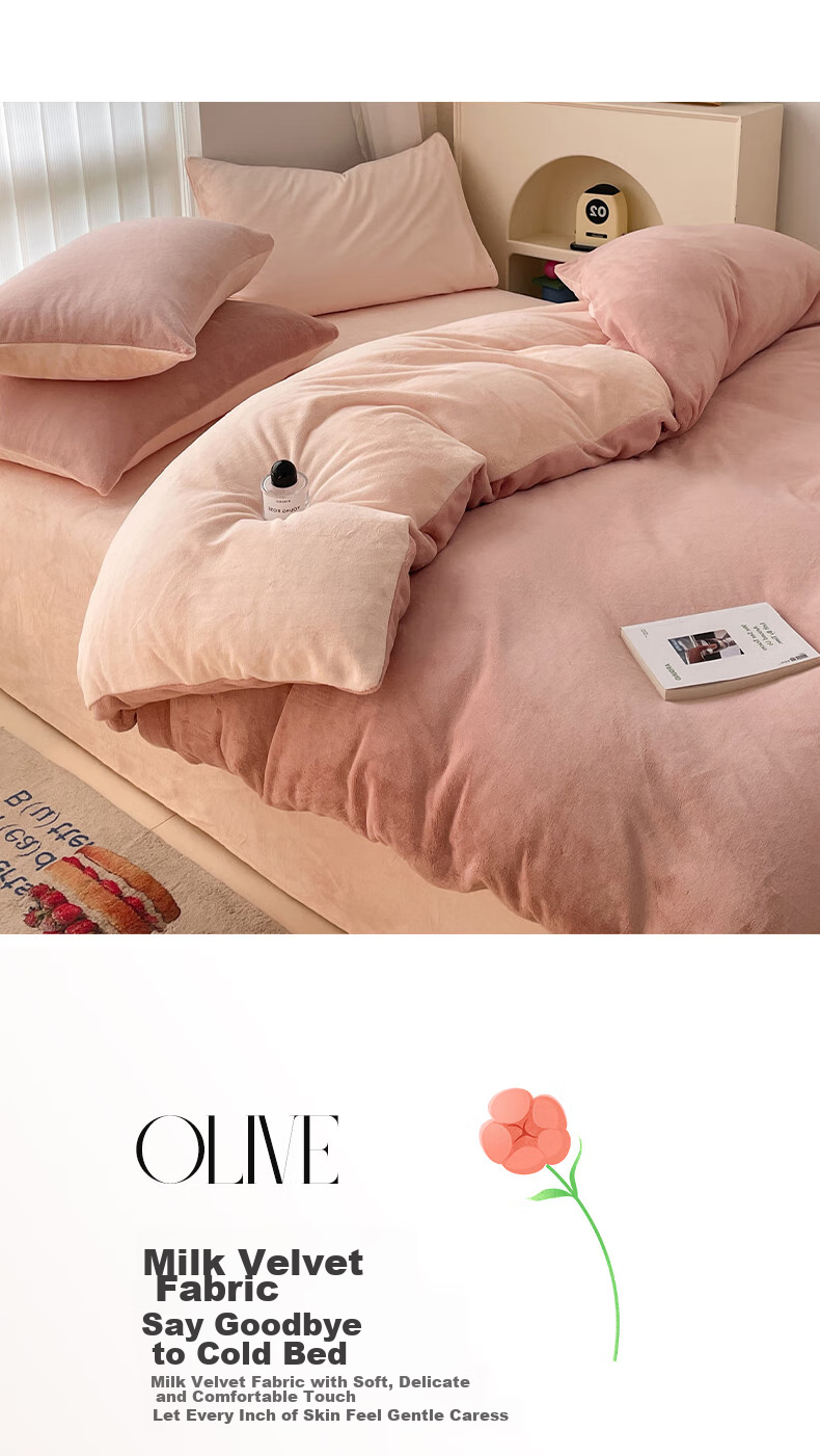 Grace Milk Velvet Three-Piece Set, Flannel Student Dormitory Single Duvet Cover 150*200cm - Cocoa Pink + Fragrant Jade 3