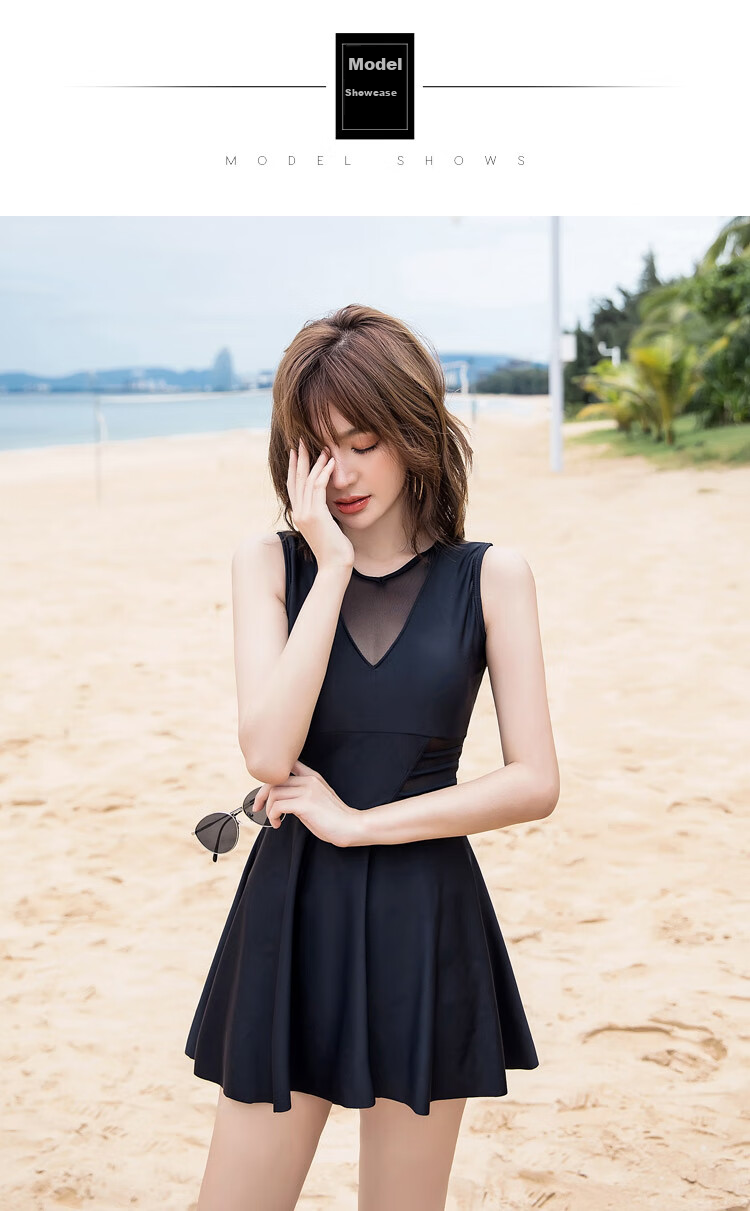 DK Swimsuit for Women, Sexy Small Chest Conservative Tummy-Covering Slimming Korean Hot Spring One-Piece Dress-Style Swimwear, Black, M 3