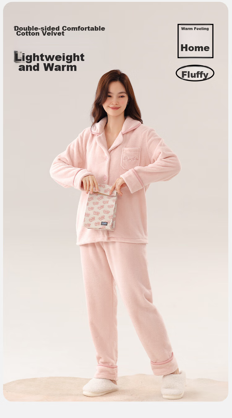 Dushiliren Women's Winter Pajamas, Fleece-Lined Thick Coral Fleece Cardigan Set with Pockets, Autumn And Winter Loungewear 2
