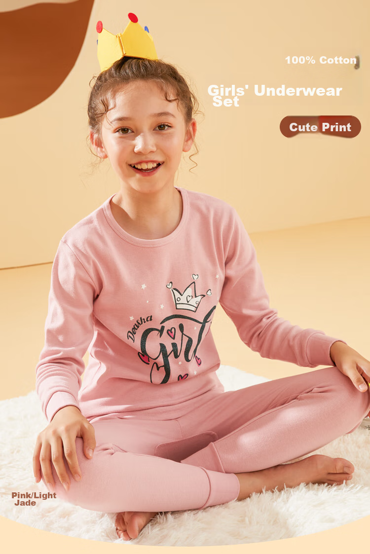 Hodohome Children's Autumn Underwear Set, Girls' Pure Cotton Thermal Underwear, Medium to Large Sizes, Girls' Cotton Sweater, 124 Light Jade, Size 165 1