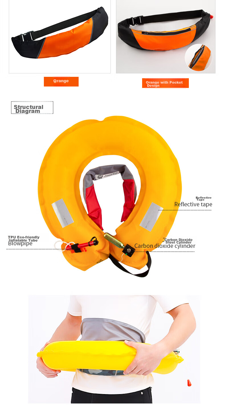 ASORAIN Portable Automatic Inflatable Life Belt, Adult Life Jacket with Orange Belt And Pocket for Water Rescue 6