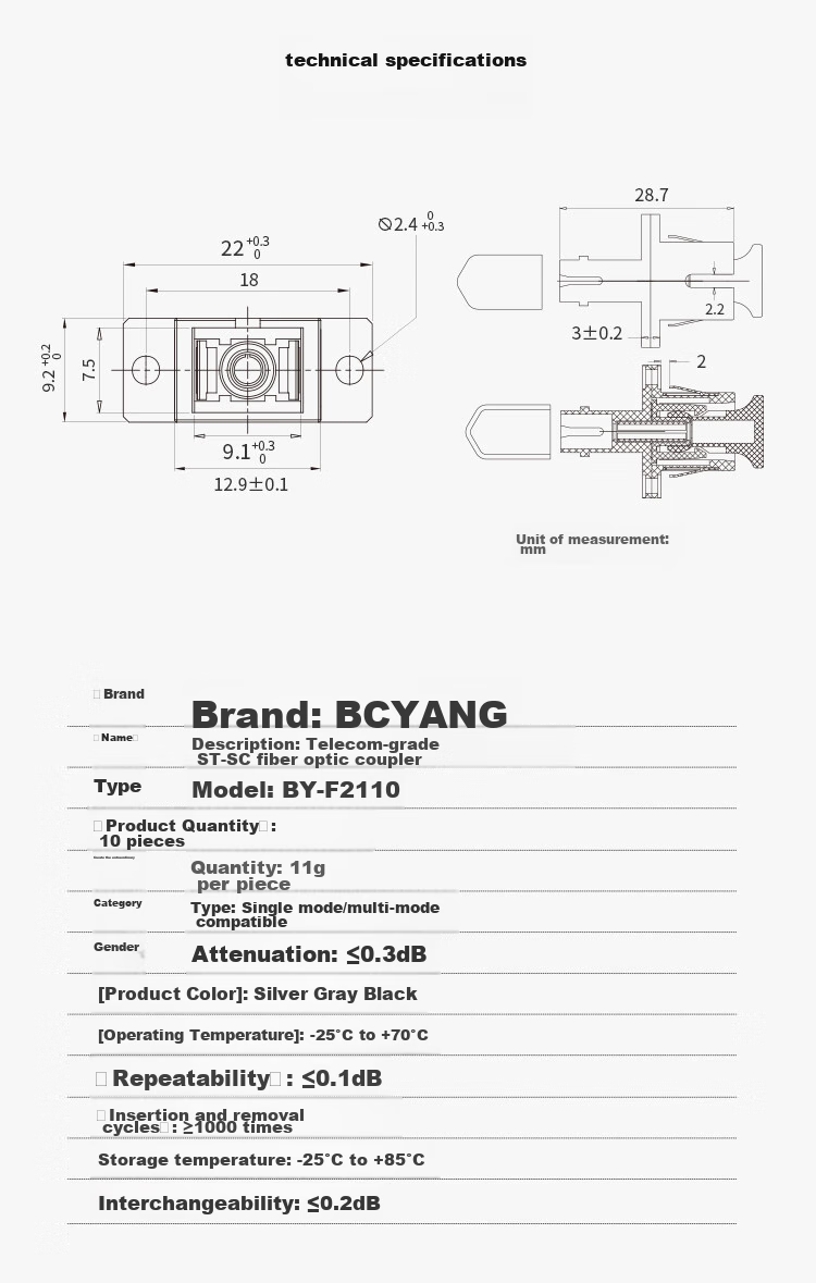 BOYANG Telecom-Grade ST-SC Coupler, ST-SC Interface, Fiber Optic Flange Adapter, Fiber Optic Extension Connector (Pack of 10), BY-F2110 6