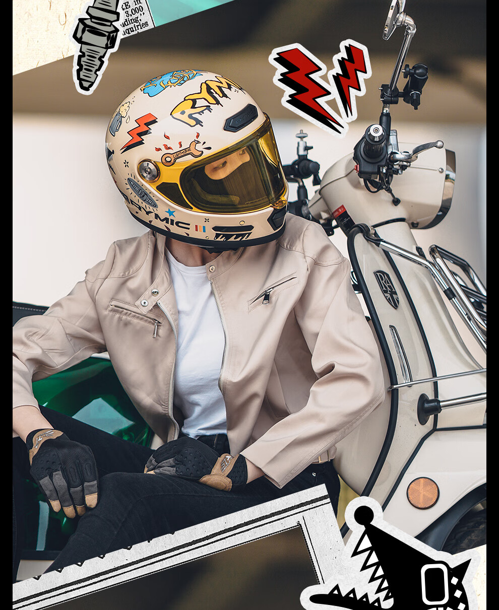RYMIC Vintage Motorcycle Full Face Helmet 3C Certified Unisex Riding Helmet Four Seasons V80 Milk Tea Color Daydream L 3