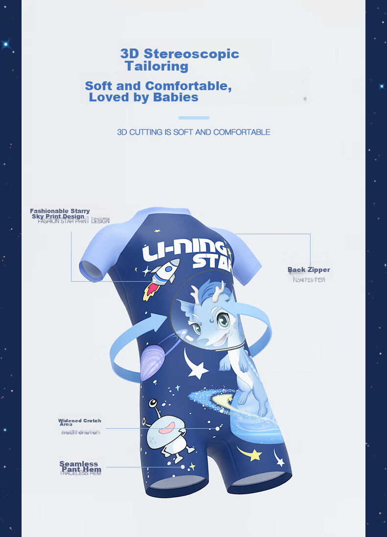 Li-Ning Children's Swimsuit, Boys' Cartoon Print One-Piece Surfing Suit, Comfortable And Breathable, Swimming Hot Spring Swimwear, 906 Blue, Size 140 5