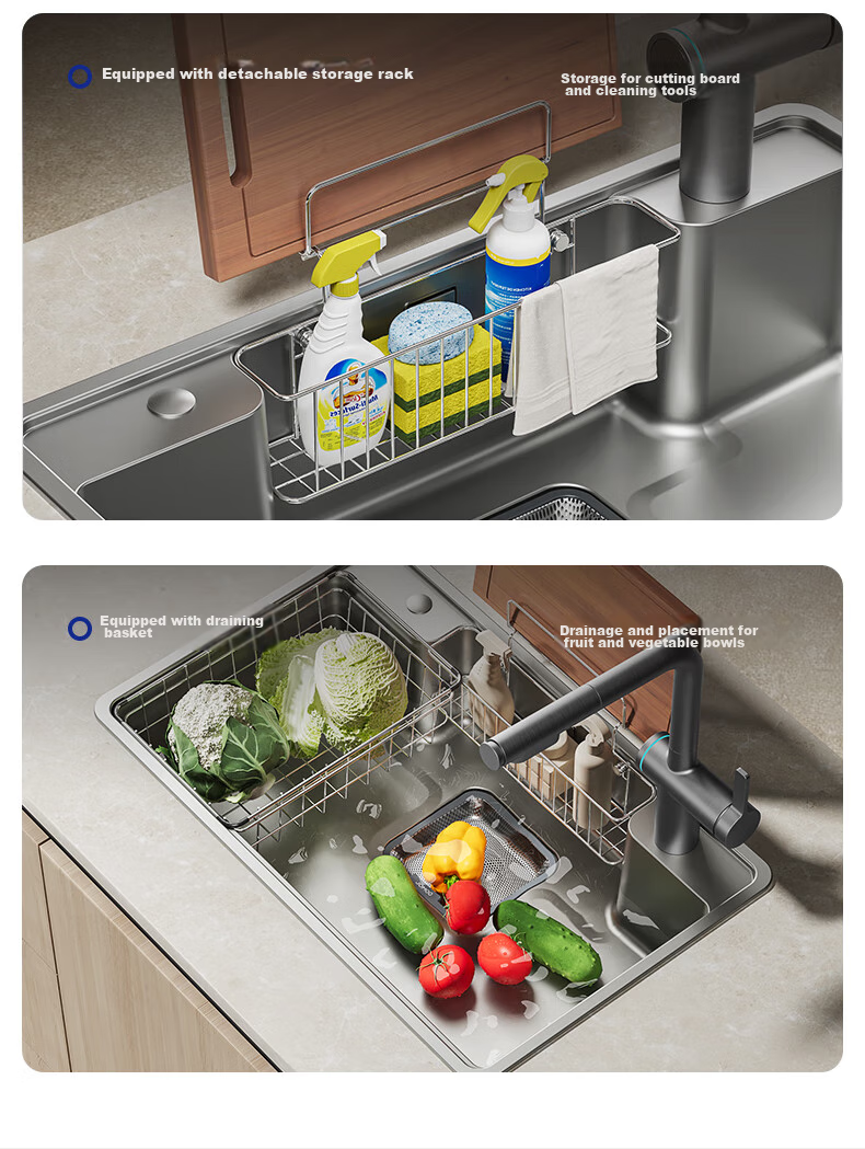 JOMOO Stainless Steel Multifunctional Nano Gray Large Single Bowl Sink with Garbage Collection And Storage, Vegetable Washing Basin, 70*48 Cm with Faucet, 02278 10