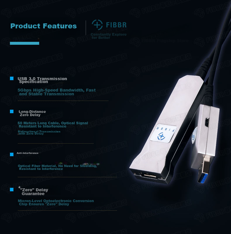 FIBBR Extension Series Fiber Optic USB 3.0 Male to Female High-Speed Extension Cable 10 Meters, High-End Audiophile External Device Signal Amplification Connection Cable Engineering Version, Silver 3