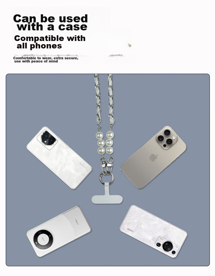 ESCASE Phone Lanyard Crossbody Strap Neck Strap Anti-Loss Phone Case Long Chain High Fashion Pearl Necklace Dopamine Summer Colorful Silver White 3