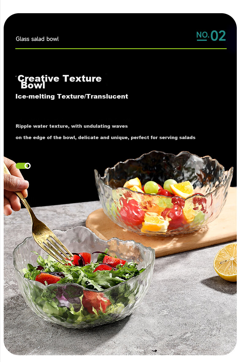 AOmeiyou Glass Salad Bowl, Soup Bowl, Transparent Glass Bowl Set, Vegetable And Fruit Plate, Dessert Bowl, Japanese Style 3-Piece Set 4