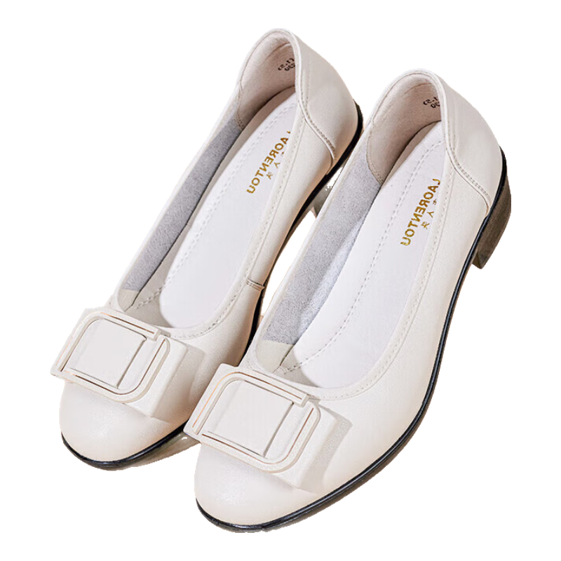 LAORENTOU Women's Fashion Casual Professional Chunky Heel Low-Cut Mid Heel Commuting Work Shoes LB12265 White Size 37