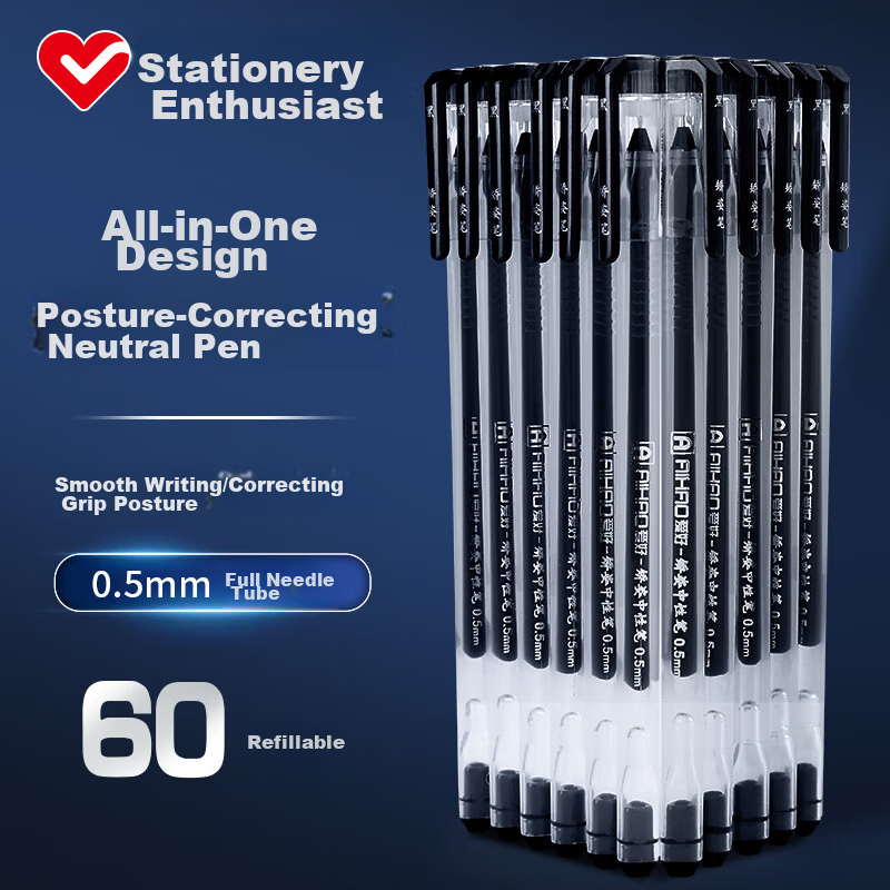AIHAO Full Needle Tube Signature Pen, 0.5mm Triangular Barrel, Large Capacity Black Carbon Ink Pen, Student Super Writing Water-Based Pen, 60 Pieces, 47930 1