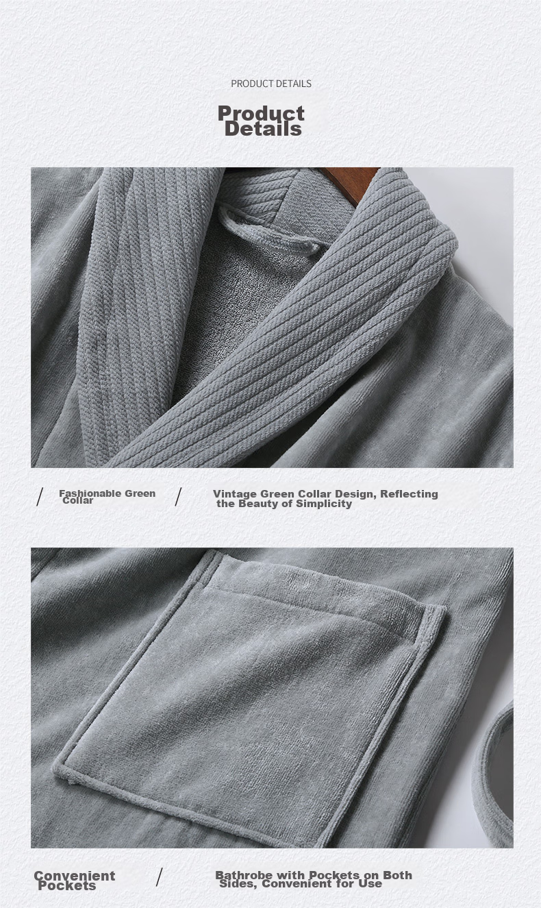 Canasin Five-Star Hotel Pure Cotton Bathrobe, All-Cotton Absorbent Couple Adult Bathrobe Sleepwear Long Style, Elegant Gray, L 10