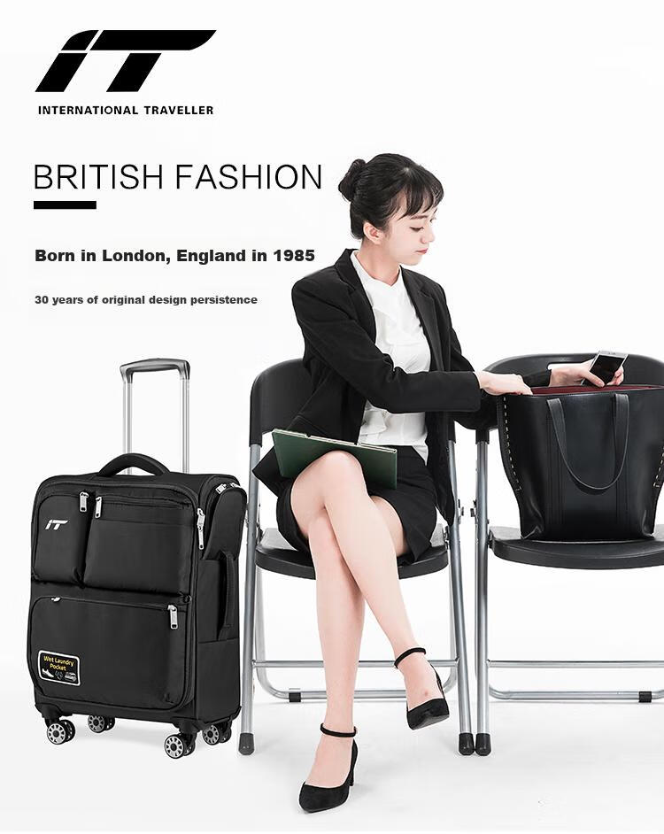 INTERNATIONAL TRAVELLER British IT Suitcase, Travel Luggage with Wheels, Ultra-Light Carry-On Soft Case, 20-Inch, Model 1157, Black 1