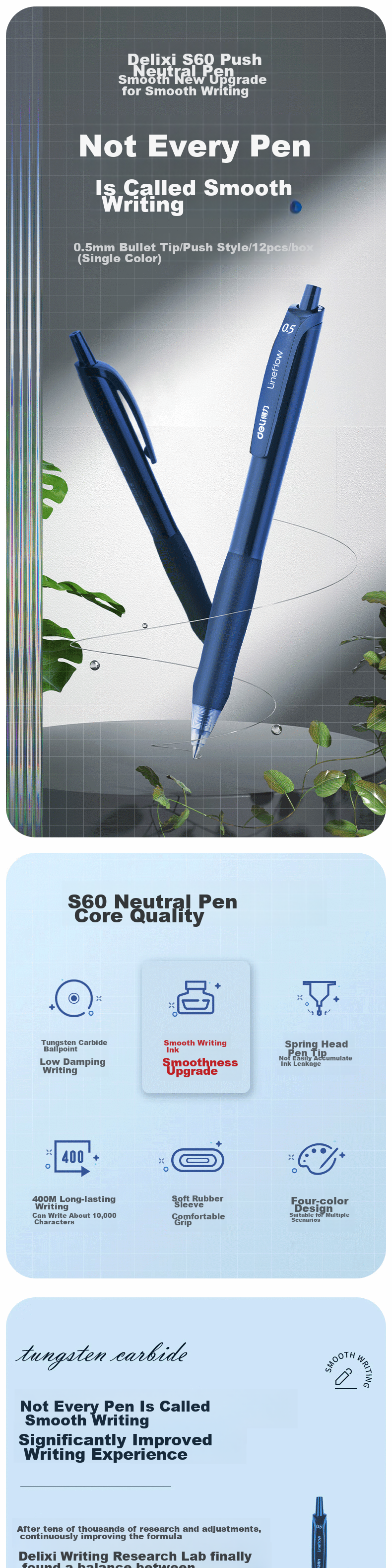 Deli Premium Smooth Retractable Gel Pen 0.5mm Bullet Tip Student Office Supplies Navy Blue 12 Pens/Box S60 Gaokao Exam 1