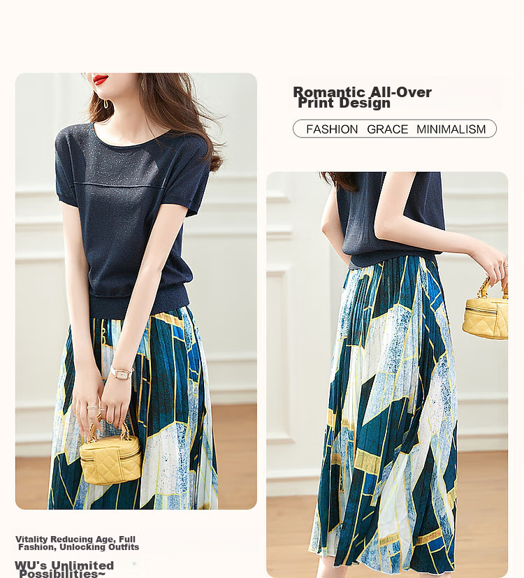 Dme [Intelligent Outfit] Spring And Autumn Ice Linen Gold And Silver Thread Top Printed Skirt Two-Piece Set for Women, Fashionable 6