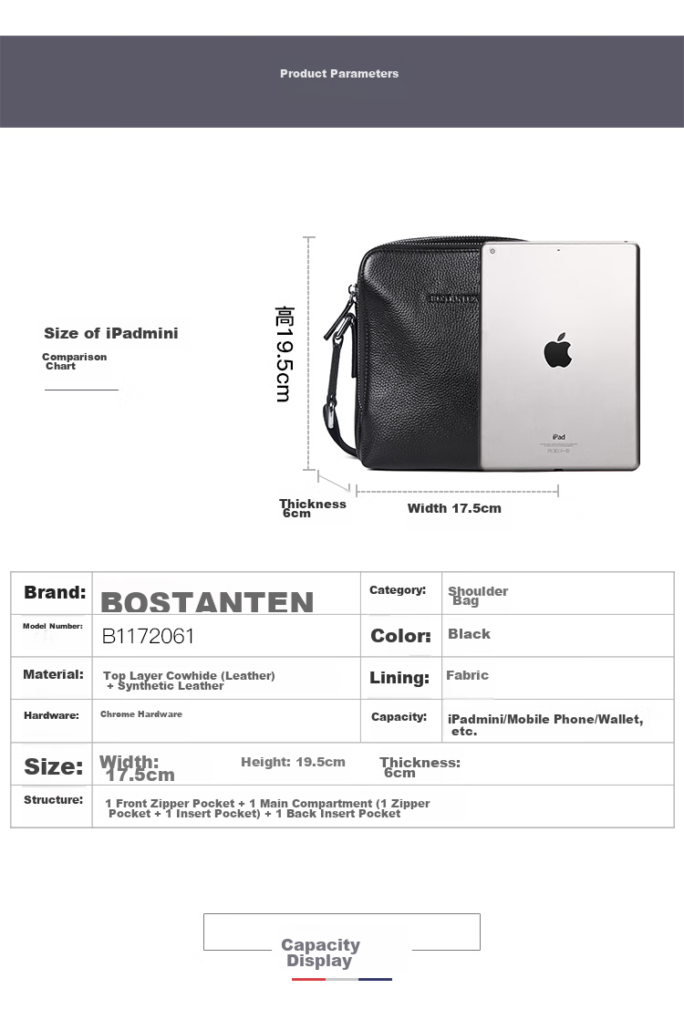 BOSTANTEN Shoulder Crossbody Bag for Men, Business Small Square Bag, Top-Grain Leather Vertical Trendy Mini Backpack Messenger Bag 13