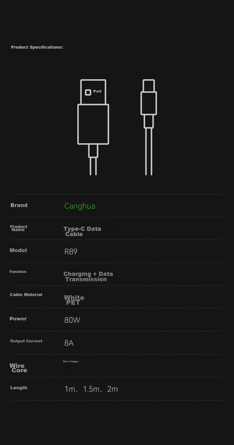 Canghua Type-C Data Cable, 8A Charging Cable, Super Fast Charging 100W/80W, Suitable for OnePlus 1+, Ace3/2Pro/5/15T/12/11/9/OPPO Phones, 1.5 Meters 13
