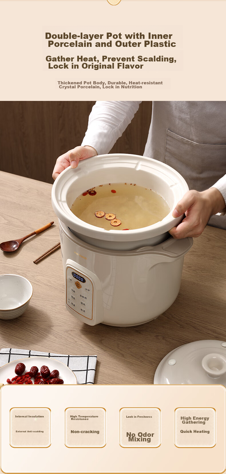 TONZE Electric Stew Pot, Porridge Cooker, Soup Pot, Stew Pot, Baby Electric Stew Cup, Porridge Cooking Pot, Health Pot, Quick Braising And Direct Stewing, White Porcelain Inner Pot DGD40K22GC 4 Liters 6