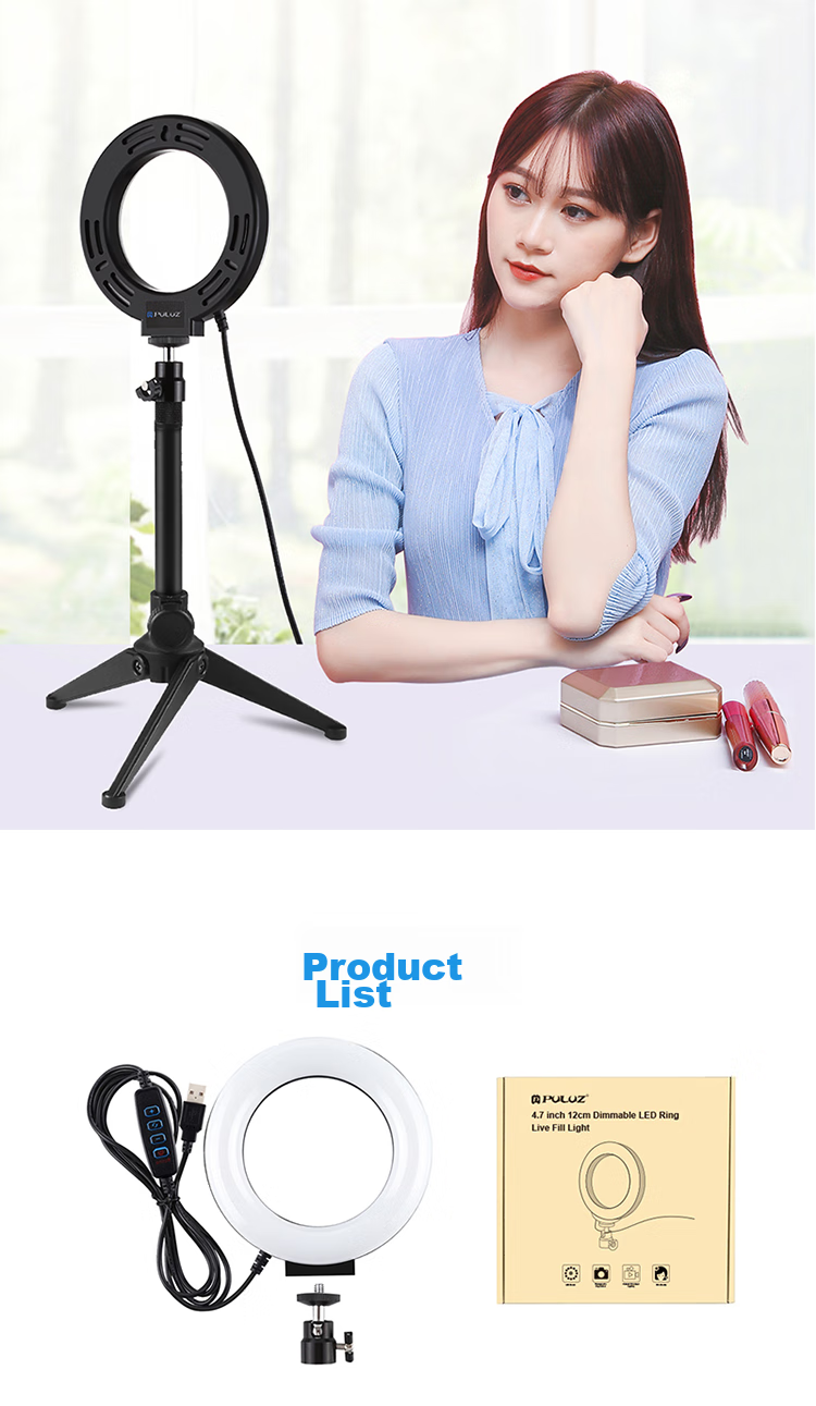 Pangniu Circular LED Fill Light, Live Streaming Beauty Light, PU377 Portrait Photography Continuous Light, Photo Continuous Light, 12cm Tri-Color Temperature, Douyin Live Streaming Equipment Fill Light 8