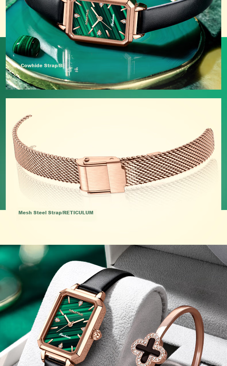 ROMITIME Women's Quartz Watch, Fashionable Elegant Light Luxury Retro Small Green Square Watch, Versatile Student Trendy Wristwatch 14