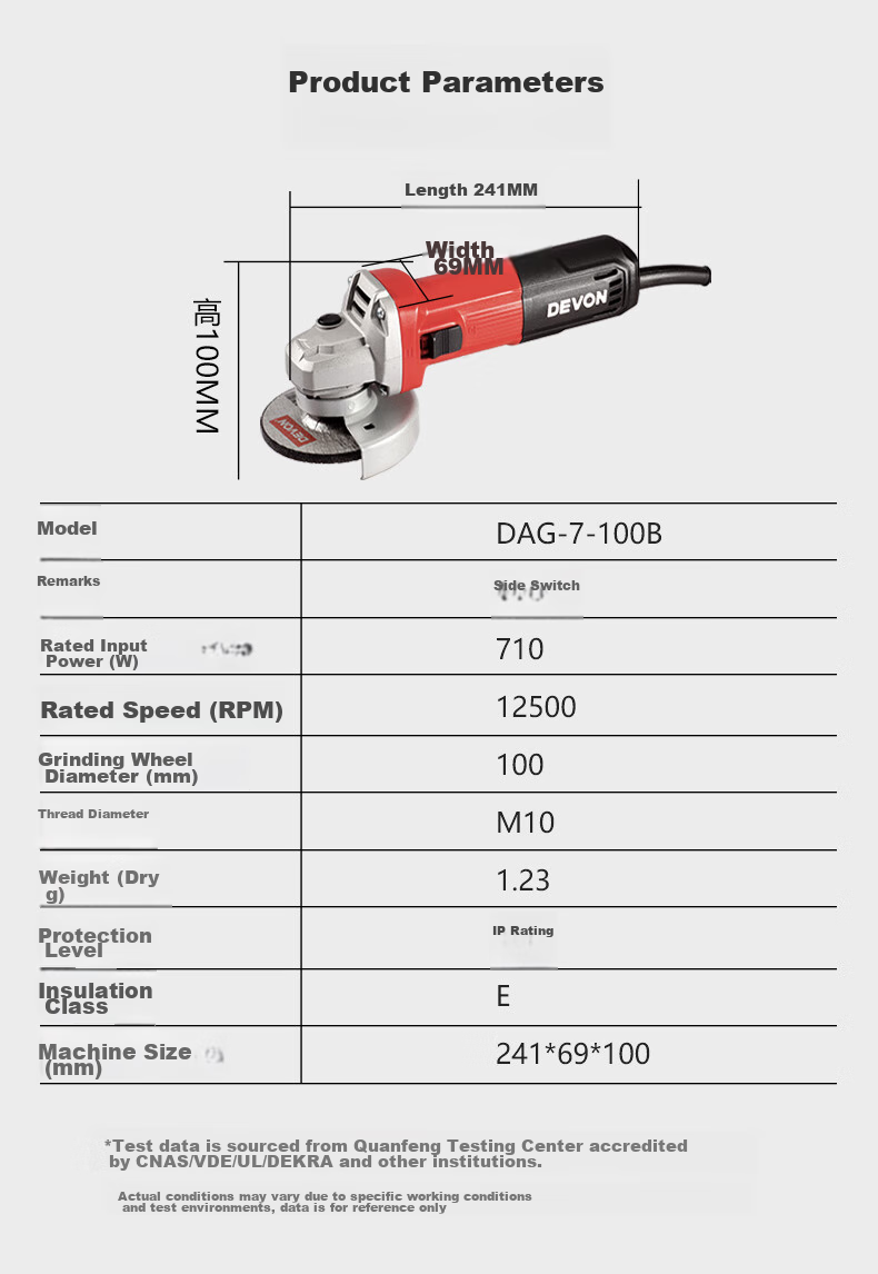 Devon Angle Grinder DAG-710 Hand Grinder Polisher Sander Cutting Machine DAG710W with Rear Switch 12