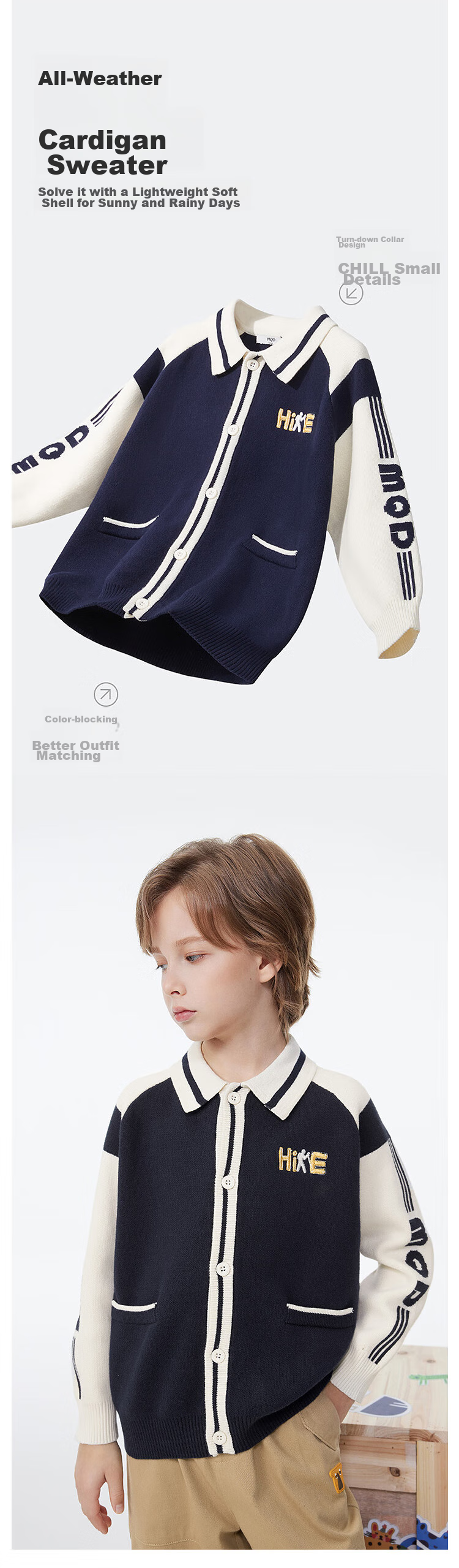 MQD Boys' Sweater, Spring And Autumn Style, Turn-Down Collar, Preppy Style, Children's Knitted Cardigan, Navy Blue, Size 110 4