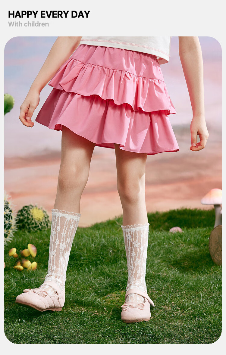 ASK JUNIOR Puffy Skirt Girls' Summer Dress Fashionable Versatile Double-Layered Skirt Sweet Stylish Children's Princess Dress Pink 110 10