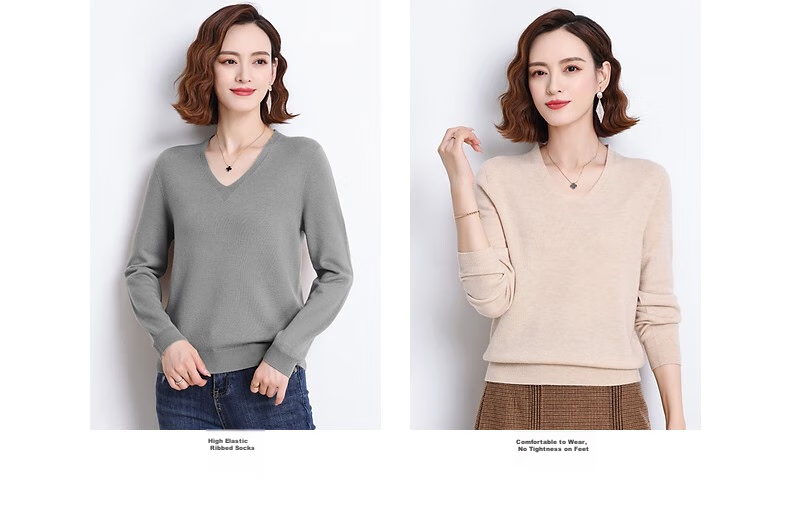 Hengyuanxiang 100% Pure Wool Sweater for Women, V-Neck Loose Base Layer, Autumn And Winter Warm Fashion Knit Sweater, Women's Top 8