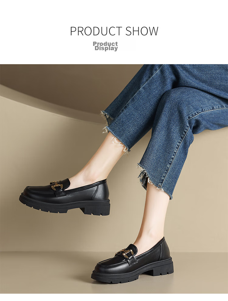 ZHR Women's Loafers, Soft-Soled Versatile Round-Toe Leather Shoes, British Style Chunky Heel Women's Shoes, OFTEP06, Black, Size 38 6