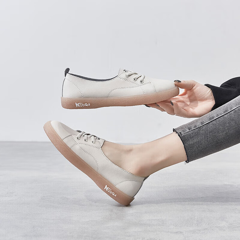 ZHR White Sneakers for Women, Contrasting Color Versatile Casual Shoes, Genuine Leather Women's Shoes, A70 Beige, Size 37