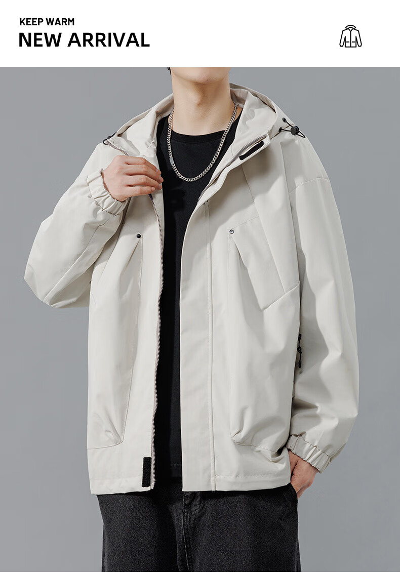 Dingfengbaoluo Men's Spring Outdoor Sports Hooded Jacket, Workwear with Large Pockets, YM9945, Light Khaki, Size L 6