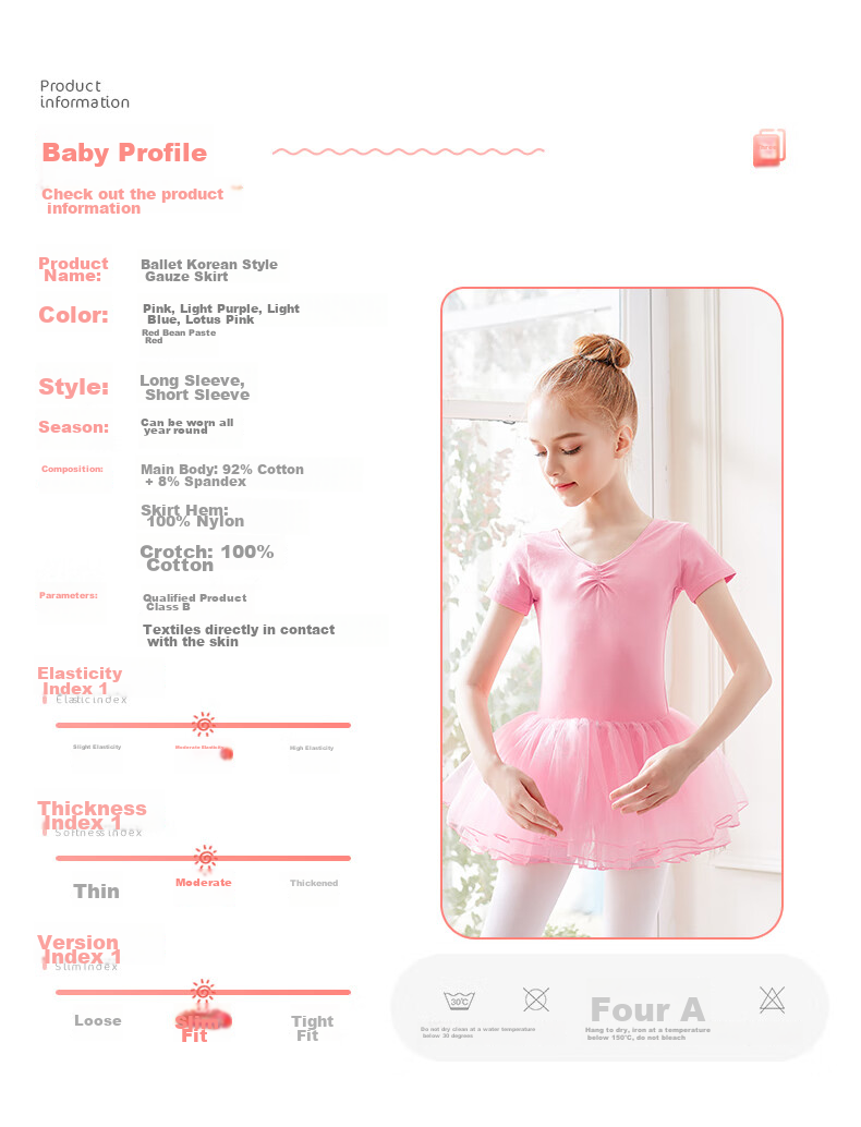 Aiwuge Children's Dance Dress, Girls' Short-Sleeve Ballet Practice Dress, Baby One-Piece Skirt, Pink Princess Tutu, Size 170 2