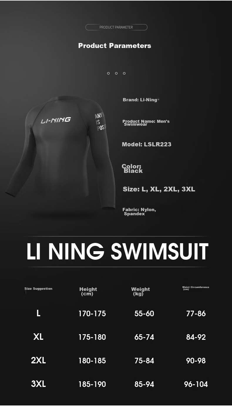 Li-Ning Men's Long Sleeve Swimsuit, Anti-Embarrassment, Hot Spring Surfing Suit LSLR223, Long Sleeve Black, XL 6