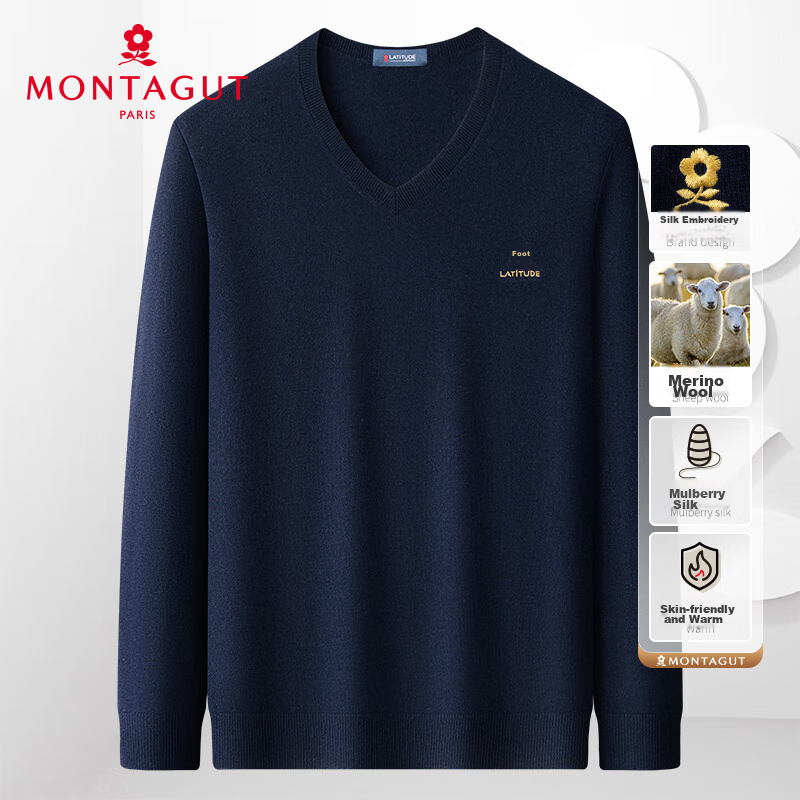 MONTAGUT Mulberry Silk Autumn And Winter Men's Cotton Wool Sweater, V-Neck Pullover Warm Knitted Sweater, Navy Blue, 2XL